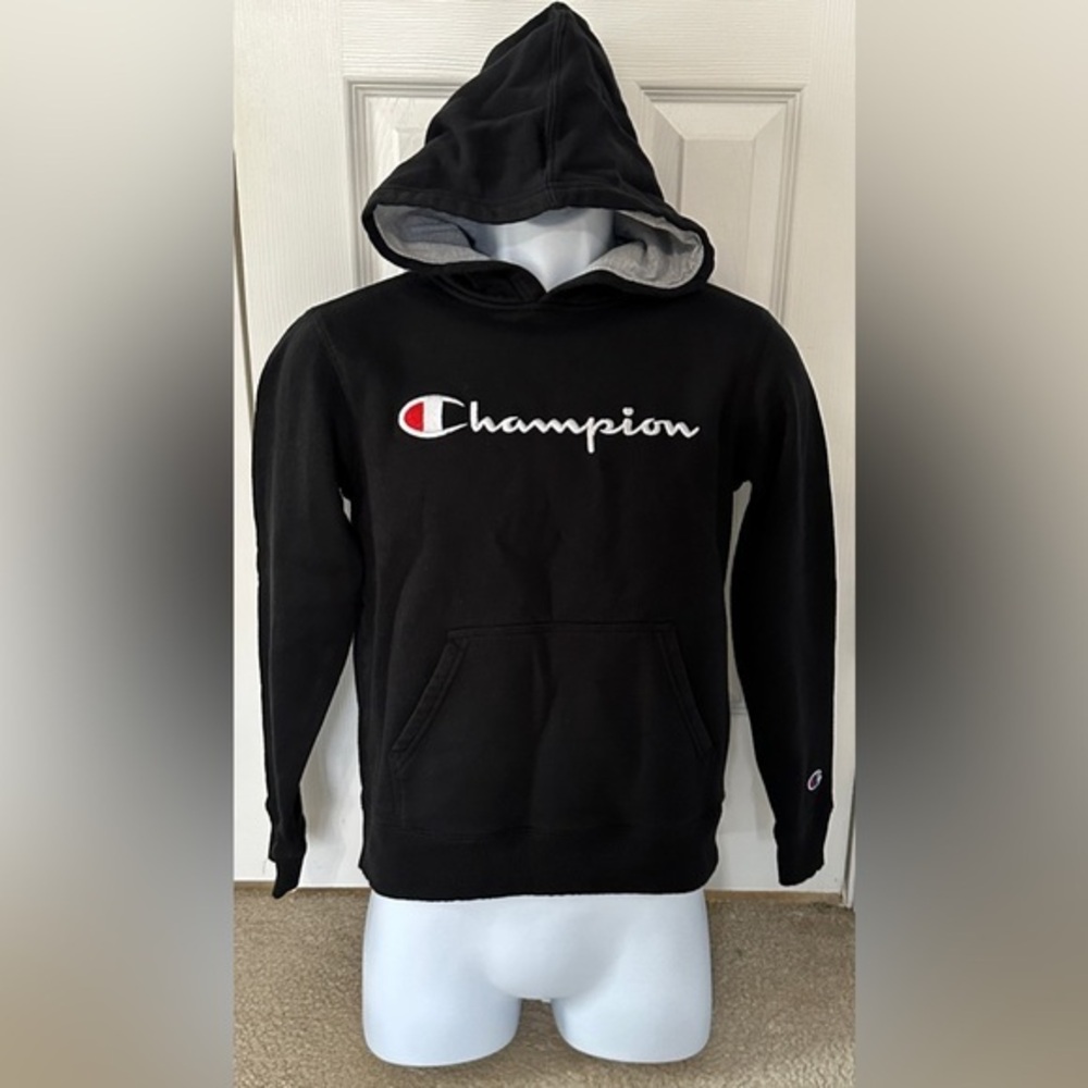 Champion Black Pullover Hoodie Logo Front Youth Large